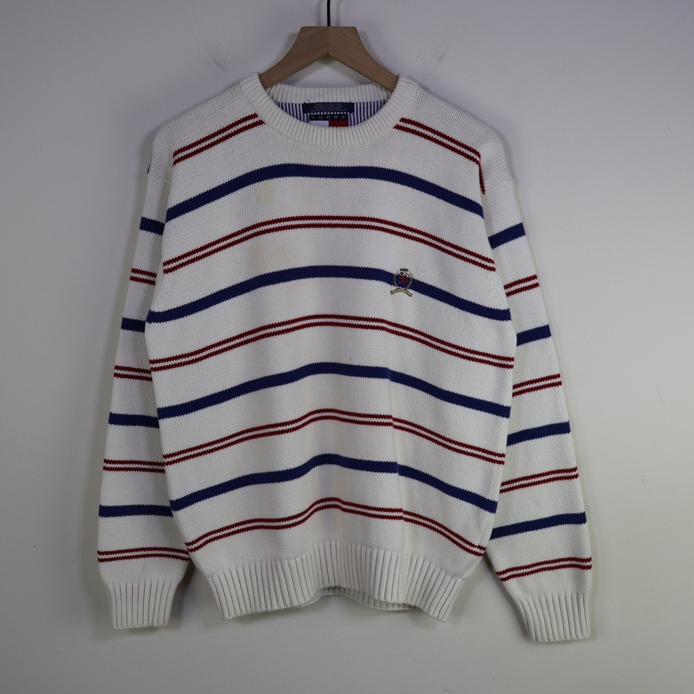 Vintage Tommy Hilfiger Striped Crest Sweater Size M Nautical Preppy White Cotton